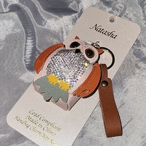 Natasha Owl Keychain with Rhinestones and Brown Strap Ti